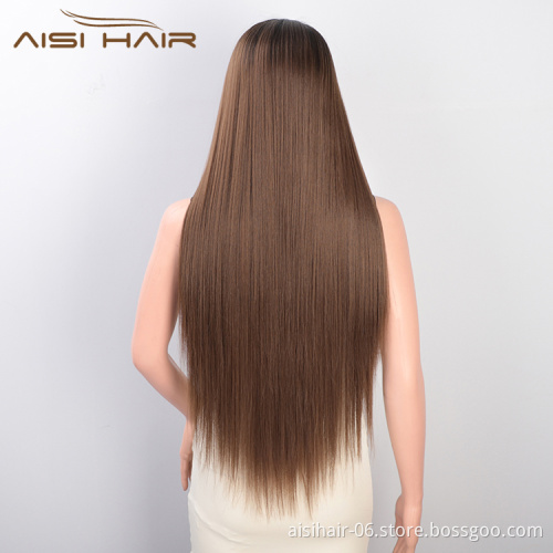 Aisi Hair Wholesale Cheap Vendor Long Silky Straight Wave Ombre Brown Wig With Bangs For Black Women Synthetic Hair Wigs